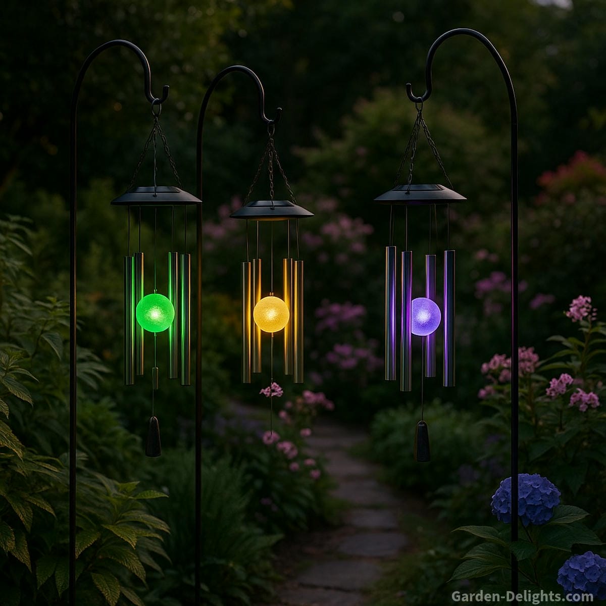 Electric wind chimes with LED colors aligned to Feng Shui Bagua directions green for health, gold for prosperity, pink for love, and indigo for wisdom glowing in a tranquil garden setting.
