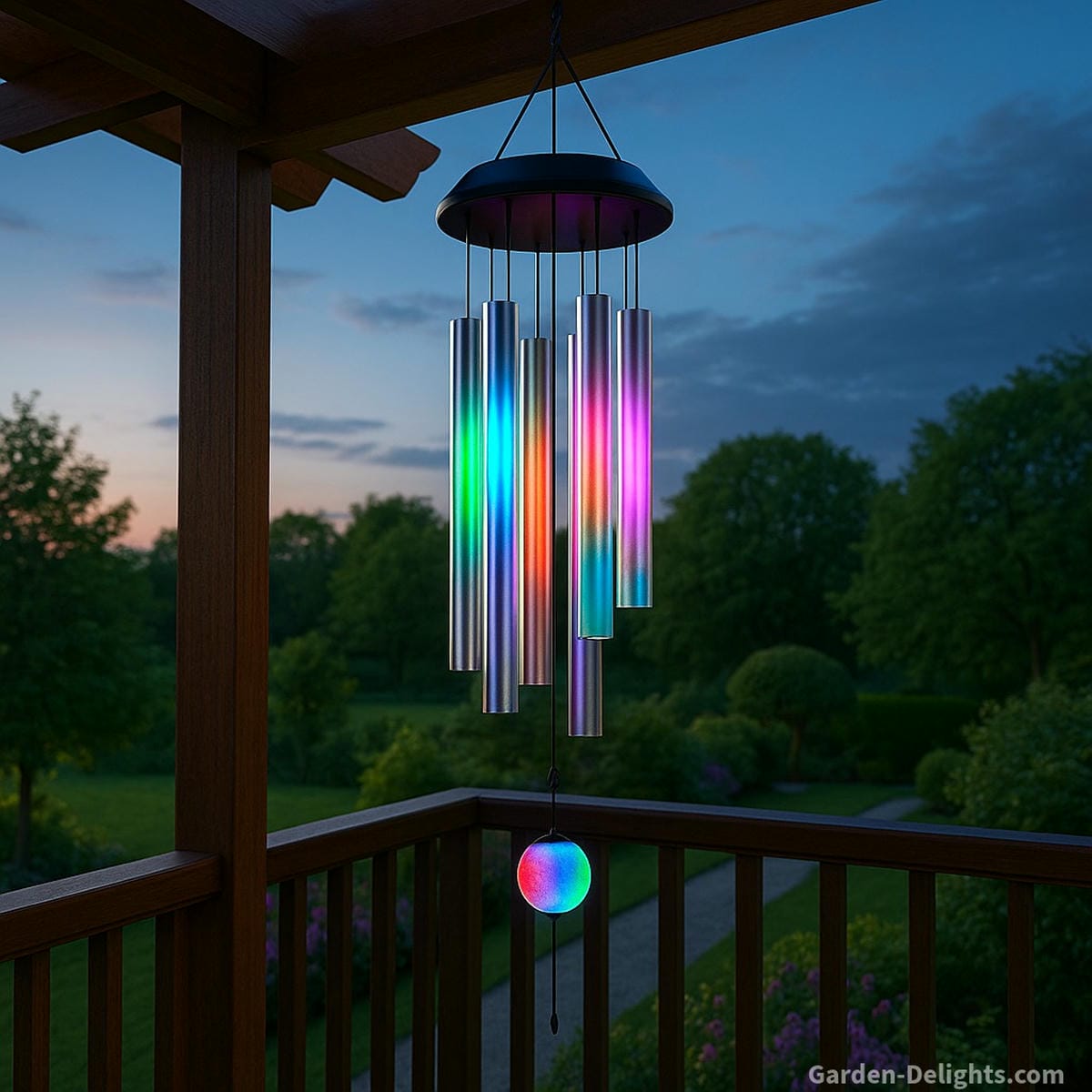 Electric wind chimes with glowing LED lights and silver tubes hanging from a balcony pergola, overlooking a peaceful garden. Perfect for programmable ambiance, smart tech harmony, and emotional sound therapy.