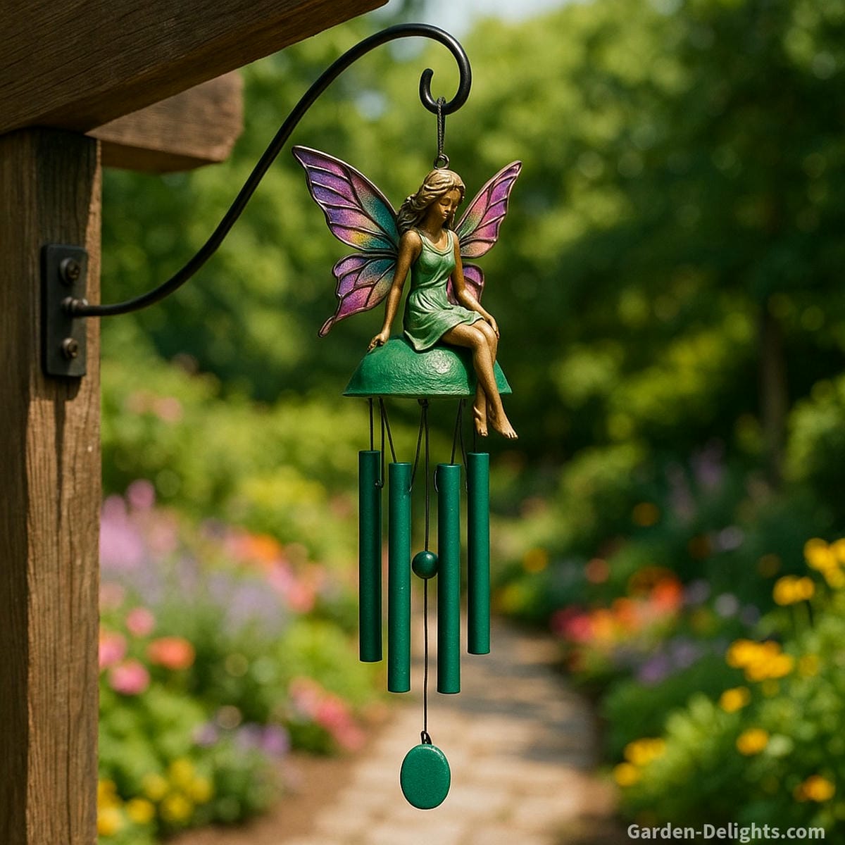Best placement for fairy wind chimes hanging from a pergola hook with a seated fairy figurine in a green dress and purple wings, above green aluminum tubes swaying in a sunlit flower garden; ideal for patios, balconies, gazebos, memorial gardens, and Feng Shui harmony