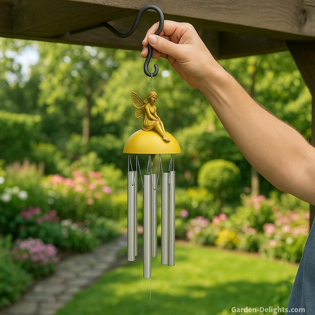 fairy wind chimes placement in pergola garden