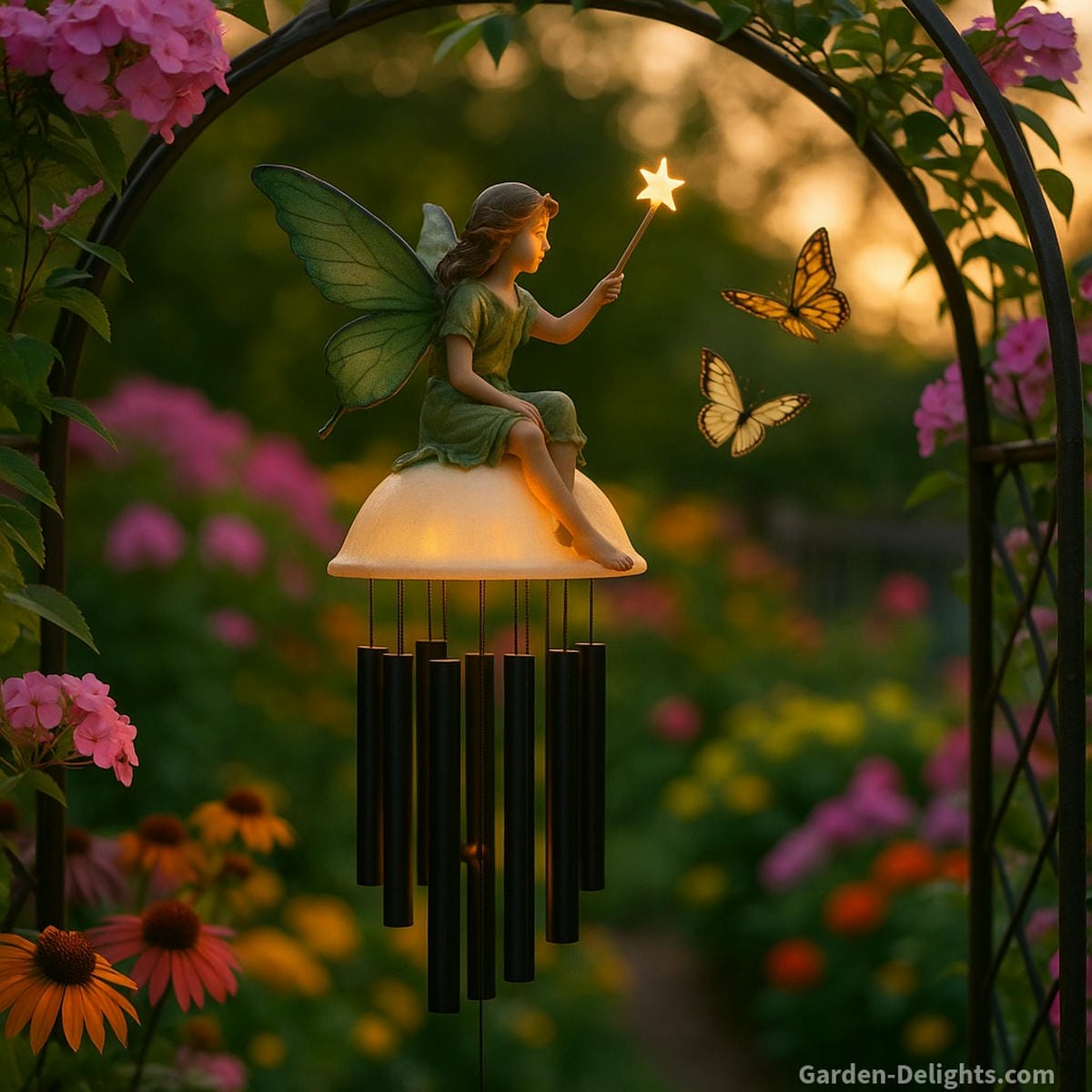 Fairy perched on a white dome wind chime crown with black aluminum tubes, surrounded by butterflies and colorful summer blooms beside a garden trellis