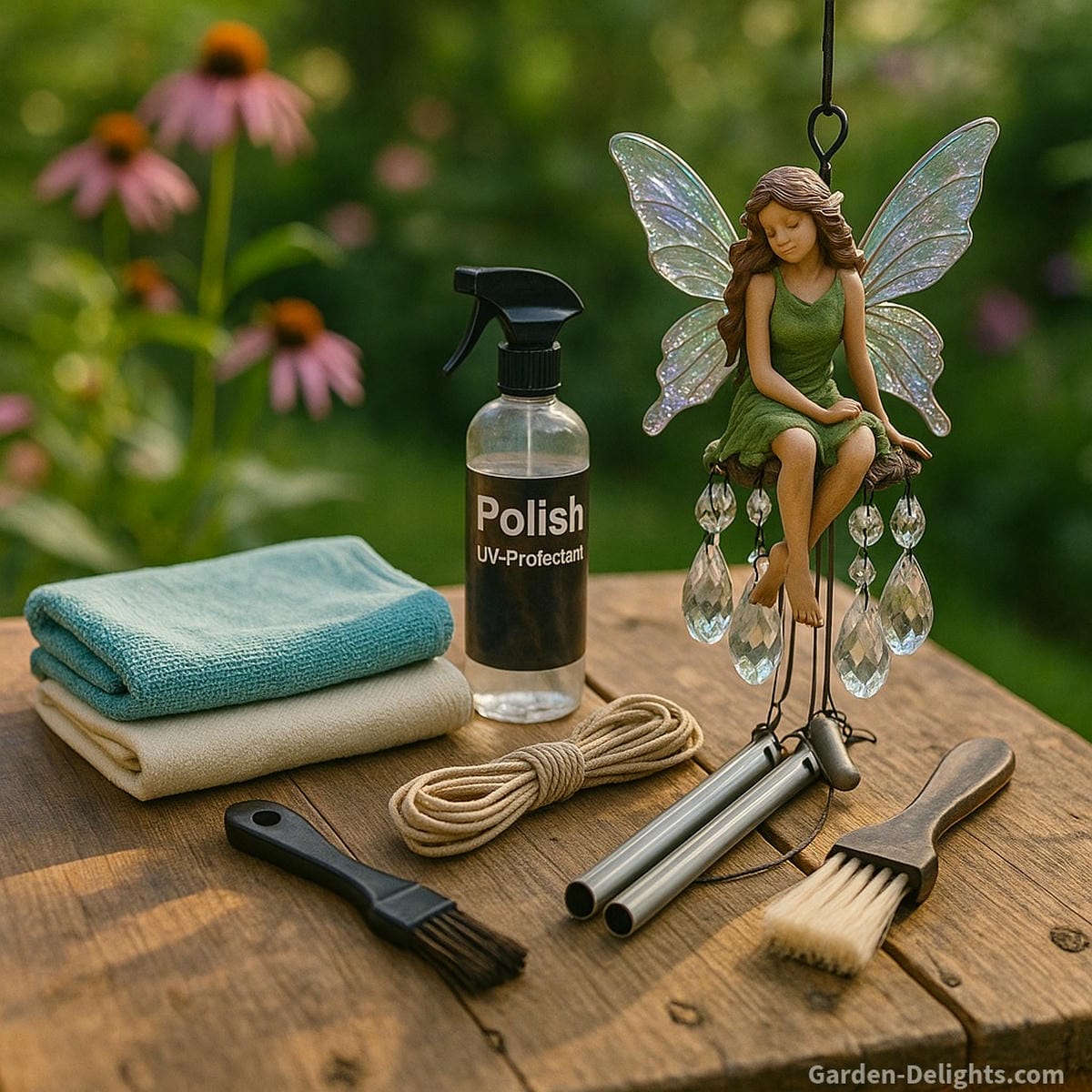 Cleaning fairy wind chimes with soft cloths, polish spray, and small brushes beside a sparkling chime featuring a fairy with crystal wings and painted resin details; care tools on a wooden table in a sunlit garden