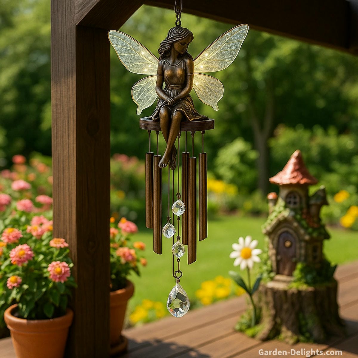 Daylight view of a fairy wind chime with crystal prisms and subtle solar lights on a wooden patio beside potted flowers and butterfly garden stakes, creating calming outdoor chime sounds and whimsical garden décor