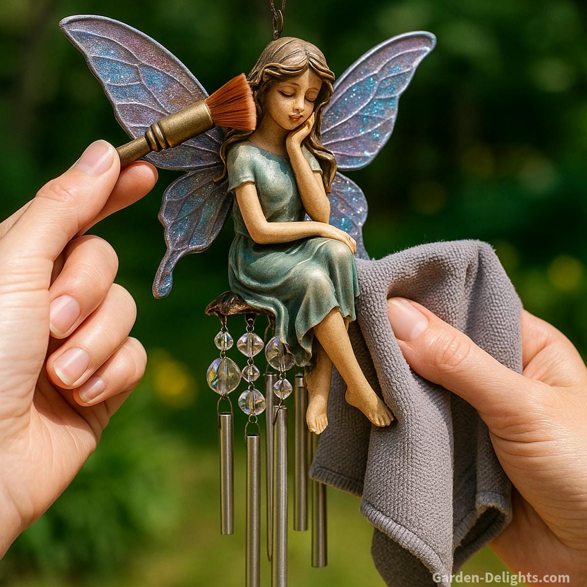 Detail cleaning of fairy wind chimes using soft brushes and cloths on painted fairy wings, crystal droplets, and resin chime parts; protective maintenance tools in a magical sunlit garden