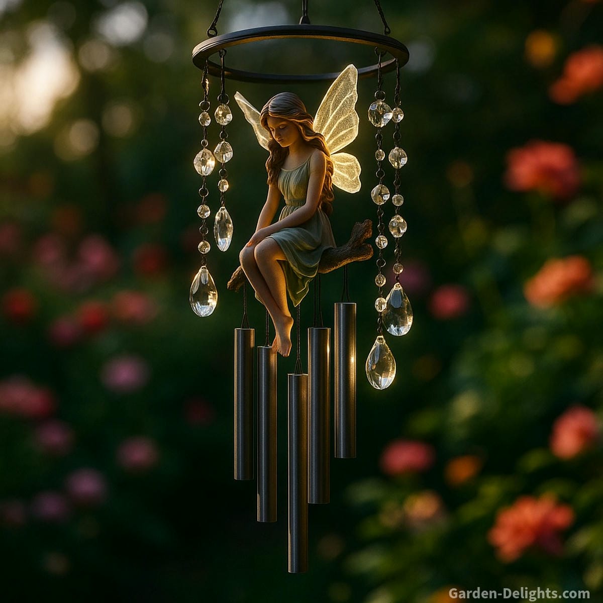 Handcrafted fairy wind chime with crystal accents and solar-lit wings swaying in a flower garden, creating soothing garden sounds on a gentle breeze