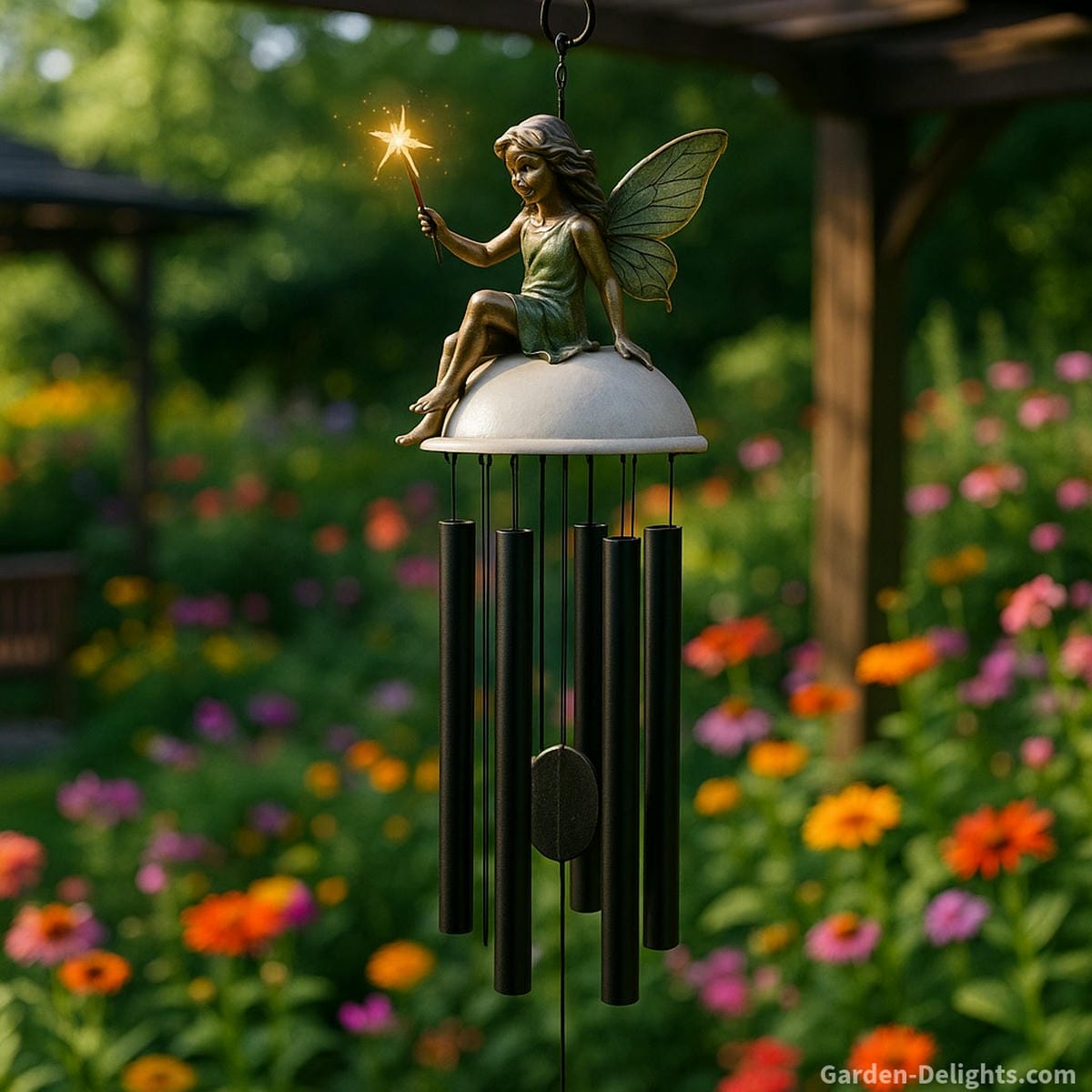 fairy wind chime with aluminum tubes in garden