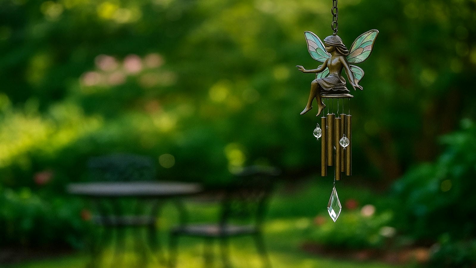 Fairy wind chime glowing with soft iridescence, hanging beside a blooming garden path symbolizing spiritual harmony, emotional transformation, and whimsical outdoor resonance