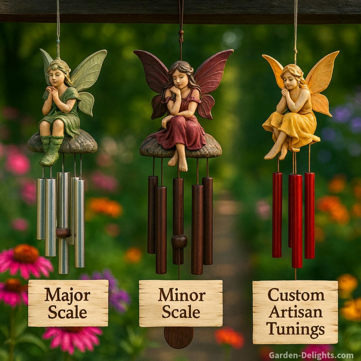 Fairy wind chimes with symbolic musical tunings   a green-winged fairy above bright aluminum tubes marked Major Scale for joy and harmony, a burgundy-winged fairy above deep brown tubes marked Minor Scale for mystical resonance, and a golden-winged fairy above vibrant red tubes marked Custom Artisan Tunings for personalized soundscapes   all swaying in a flower-filled garden