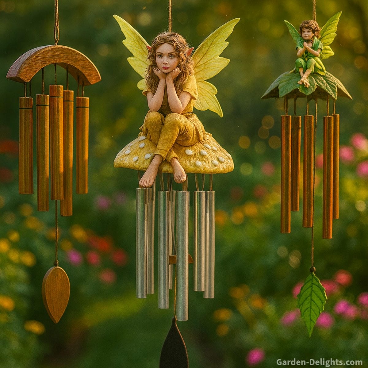 Photorealistic fairy wind chimes featuring a golden-winged fairy sitting on a spotted mushroom above aluminum tubes, flanked by bamboo and leaf-design chimes, hanging in a vibrant flower garden with soft-focus blooms and magical sunlight