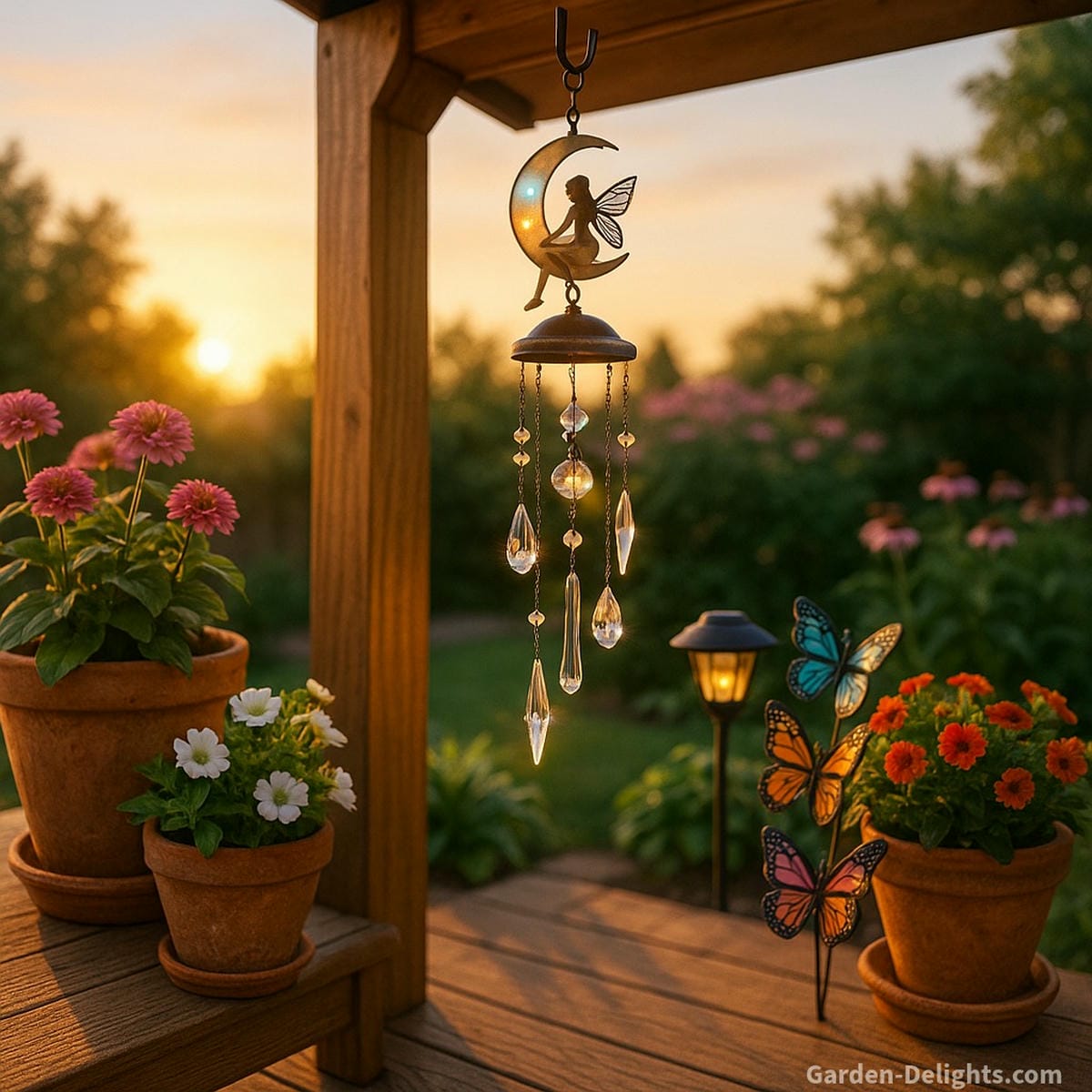 fairy wind chimes on patio with solar lights
