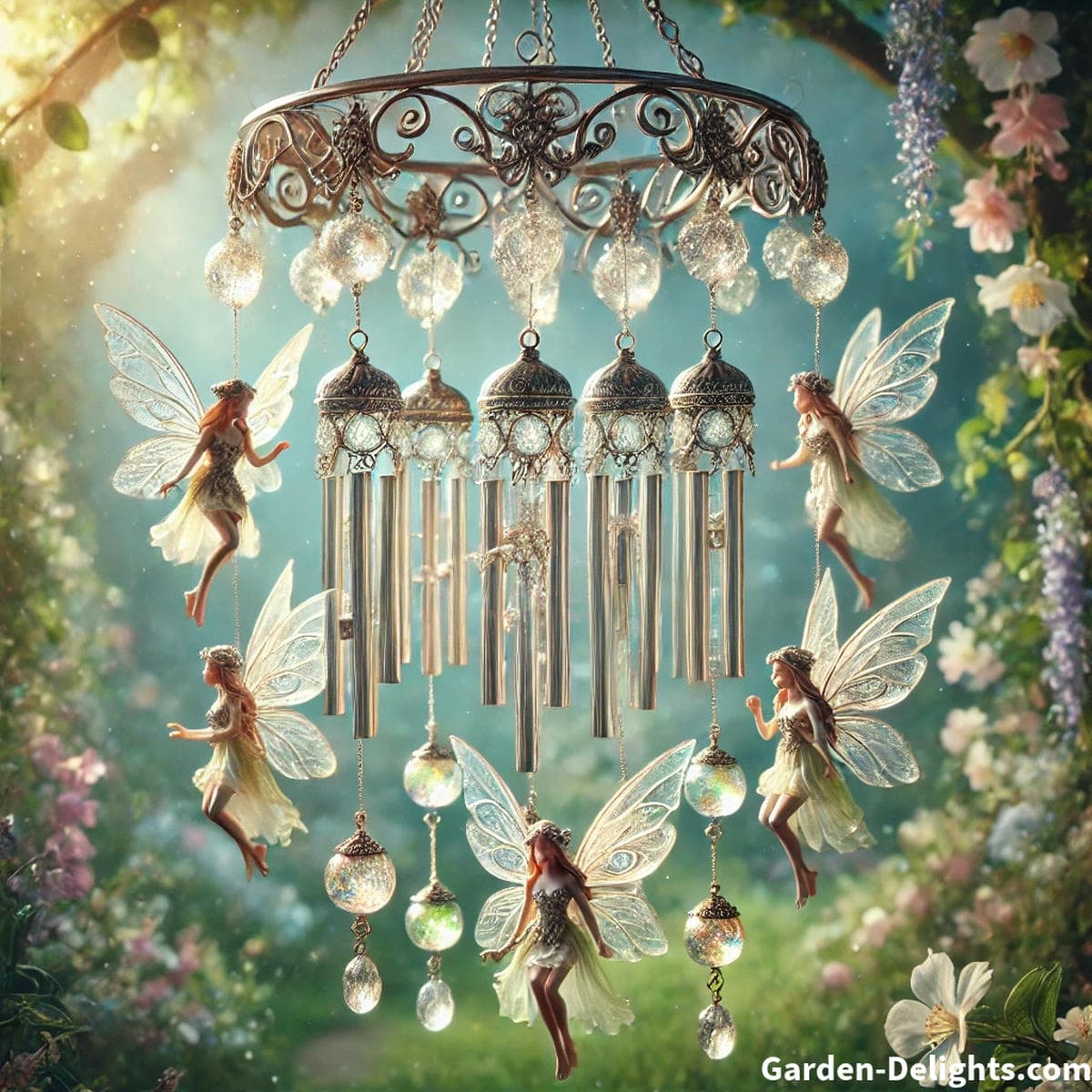 Fairy wind chimes with translucent wings and glass accents hanging in a magical garden  perfect for fantasy décor, spiritual ambiance, and symbolic outdoor styling