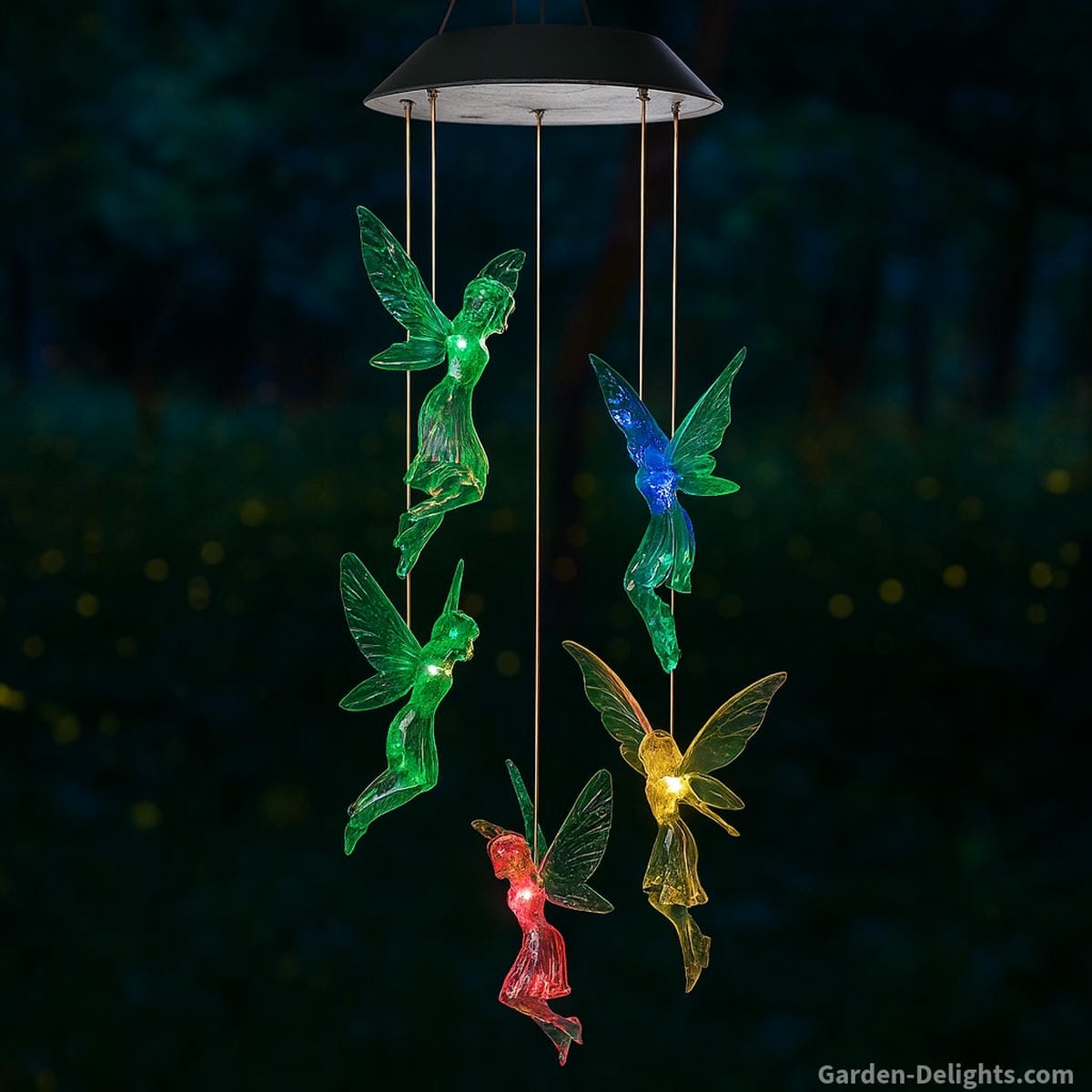 solar fairy wind chimes glowing under pergola