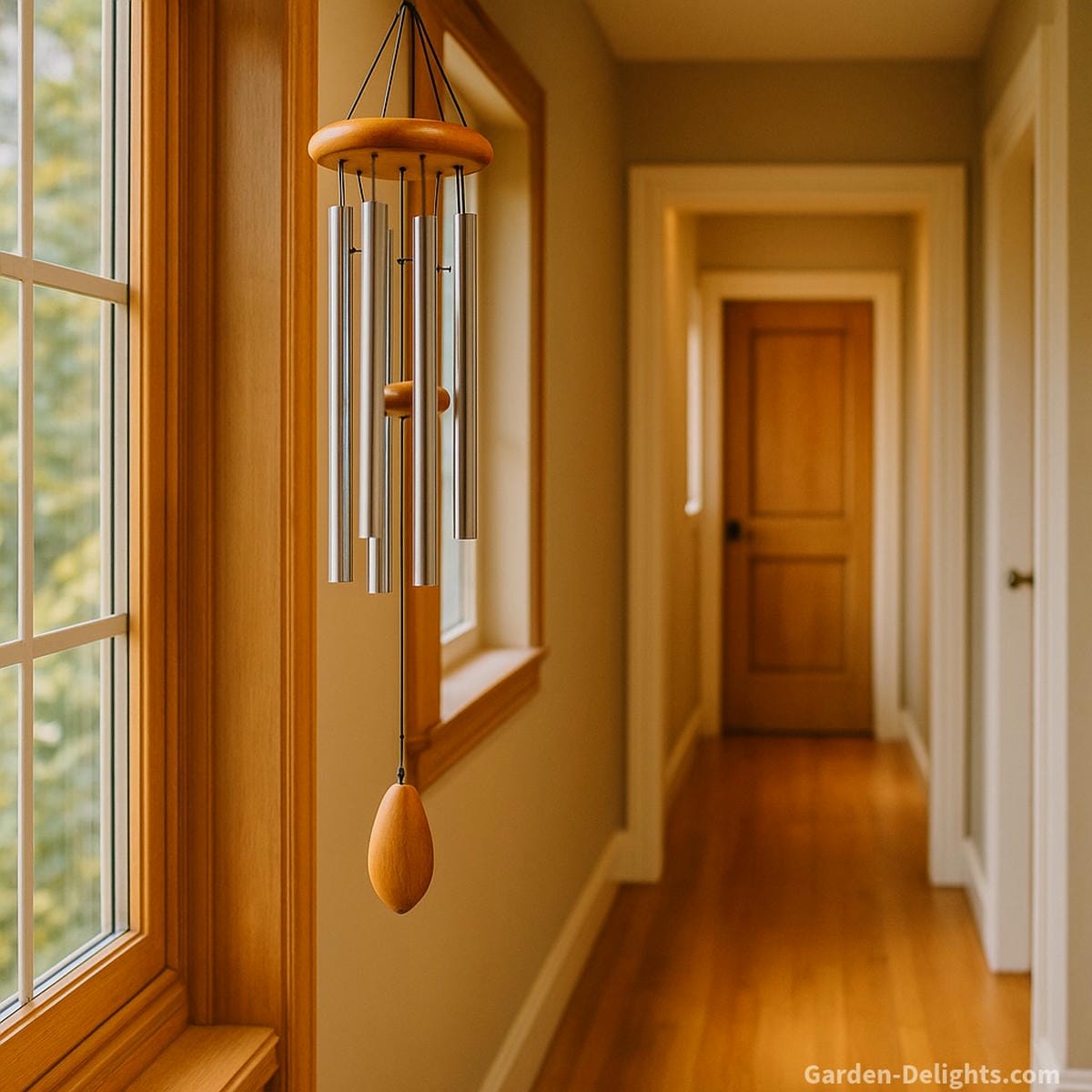 Metal Feng Shui wind chime hanging at the end of a hallway near a bathroom entrance, symbolizing Chi correction, energy redirection, and vibration healing in transitional home spaces