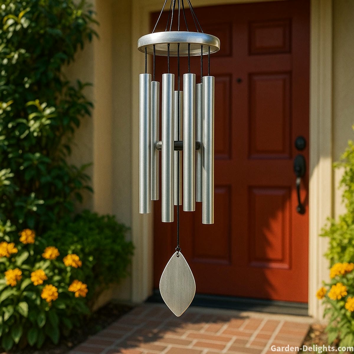 Metal Feng Shui wind chime at the front entrance welcoming prosperity, deflecting negative Chi, and activating wealth energy through symbolic vibration and protective sound