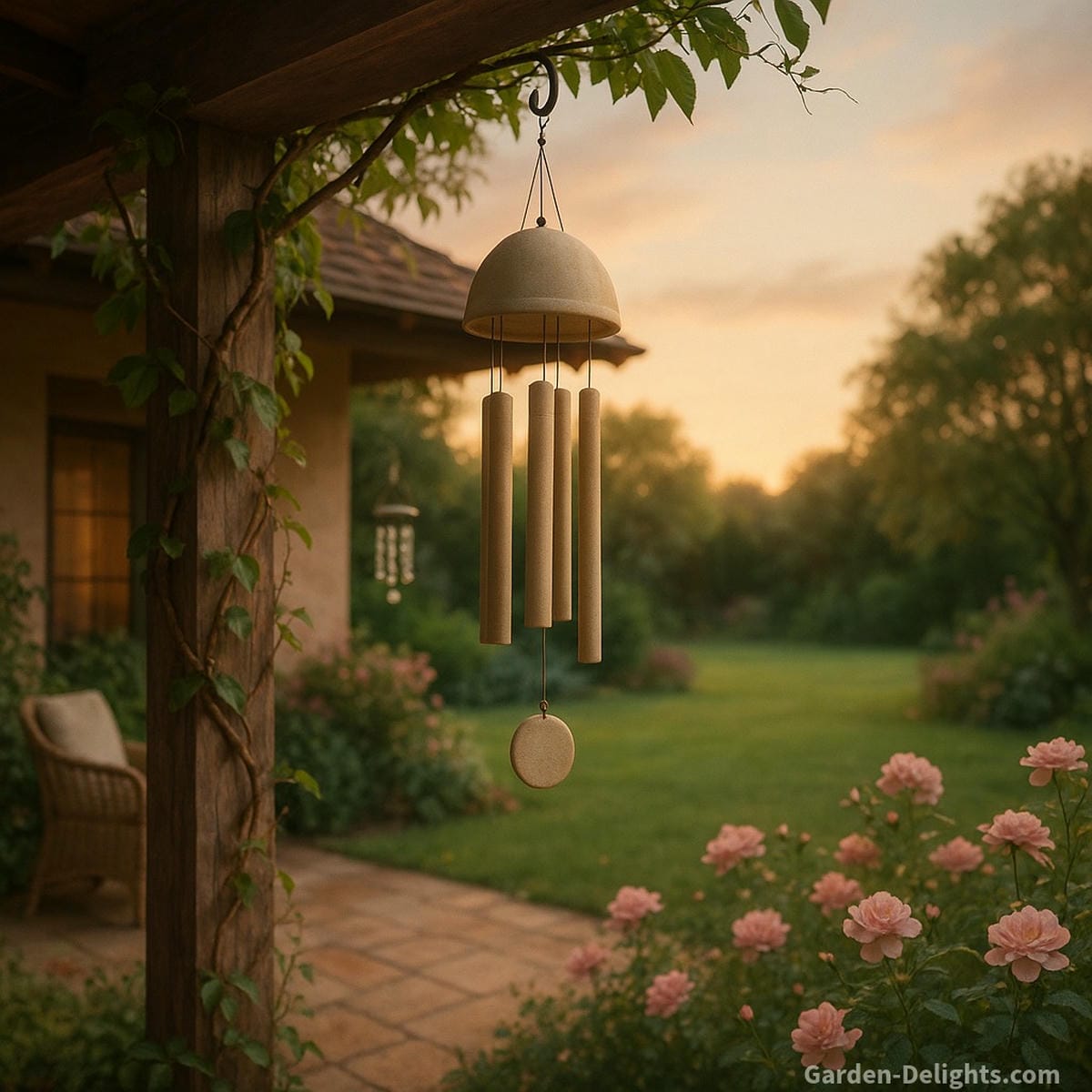 Ceramic Feng Shui wind chime hanging gently from a pergola beam in the Southwest garden corner to harmonize a missing Bagua zone enhancing love, grounding energy, and Yin balance