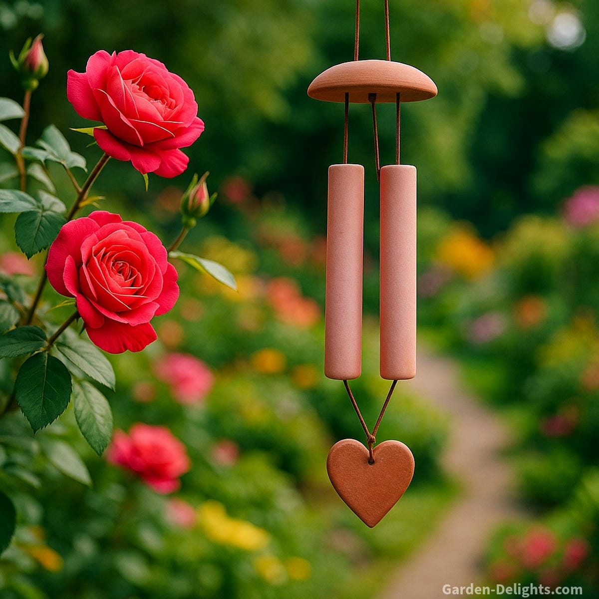 Ceramic Feng Shui wind chime with two soft-toned rods placed in the Southwest love corner of a garden, symbolizing harmony, emotional healing, and nurturing Yin energy for relationships