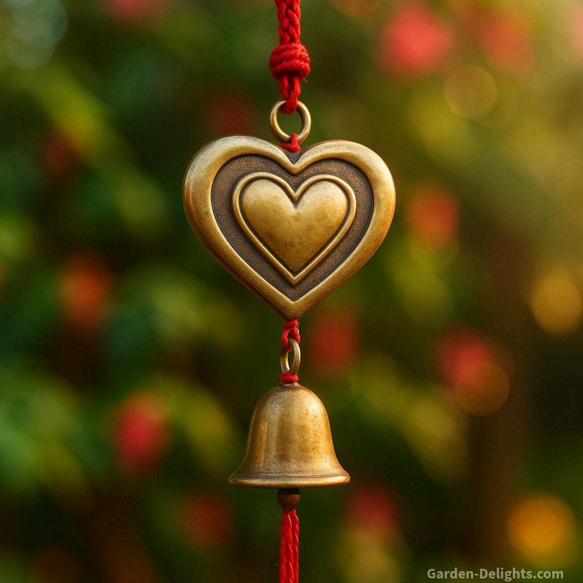 Feng Shui wind bell with heart symbol, brass finish, and red string used in Southwest Bagua for emotional healing, heart chakra balance, and relationship harmony