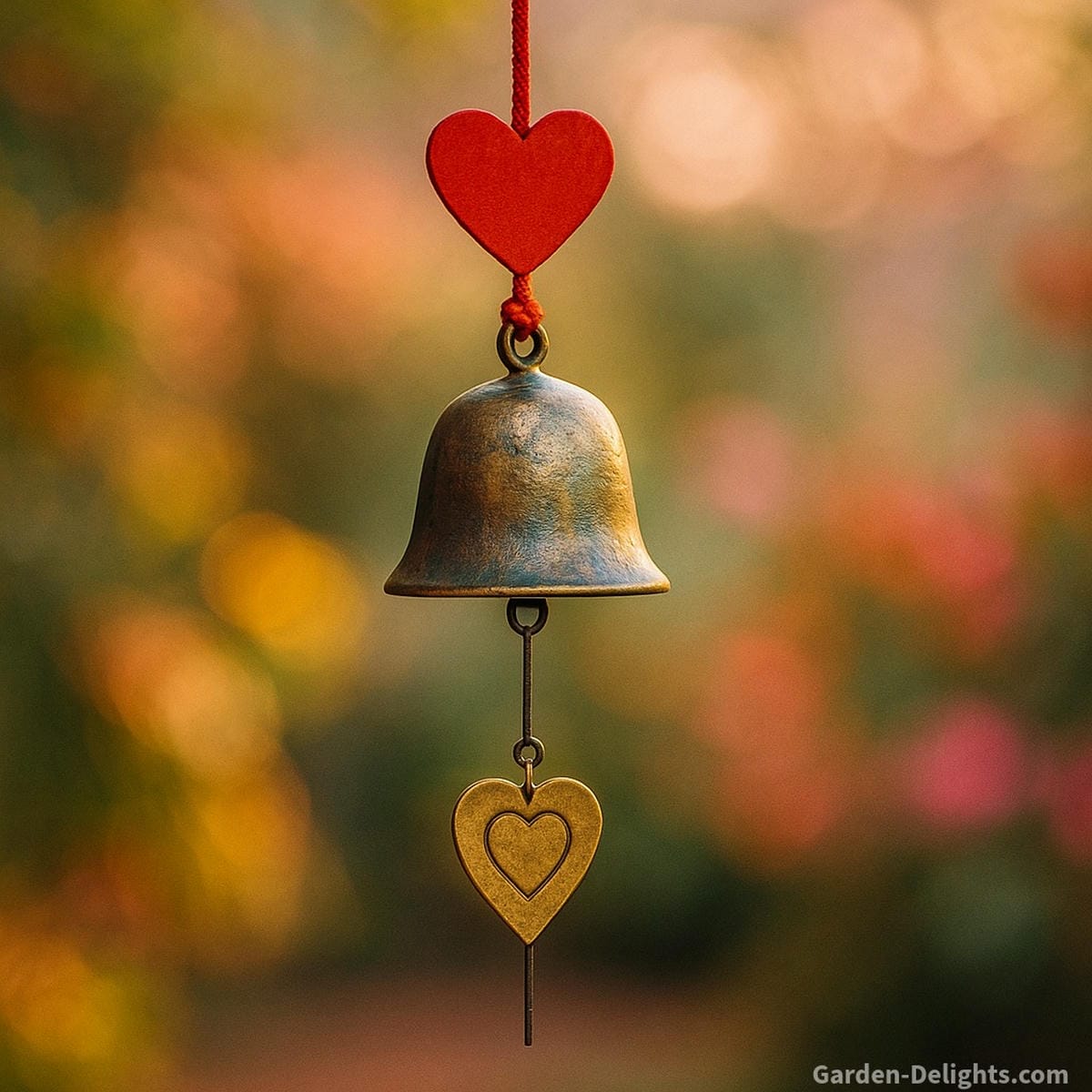 Feng Shui wind bell for peace and love with red string, soft bronze bell and gentle heart symbol hung in southwest corner for relationship harmony