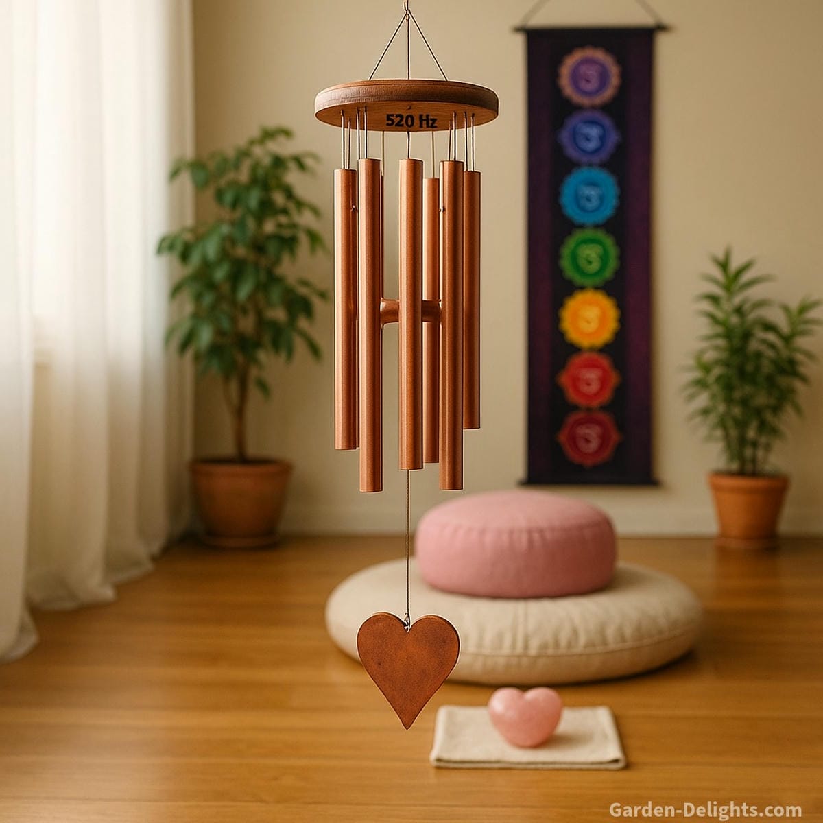 Feng Shui wind chimes tuned to 528 Hz hanging in a heart-centered meditation space, aligned with chakra colors and used for grief healing, emotional wellness, and Chi flow balance