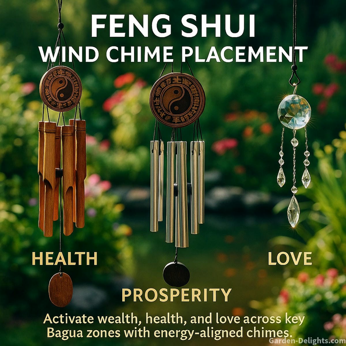 Feng Shui wind chimes hanging in southeast, north, and east garden zones symbolizing wealth, career flow, love, and health energy with crystal, metal, and bamboo elements in a harmonious Chi-aligned setting