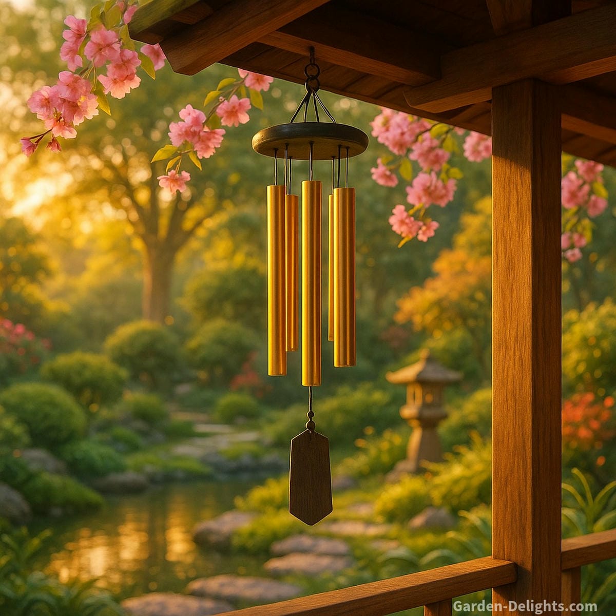 feng shui wind chimes in garden setting