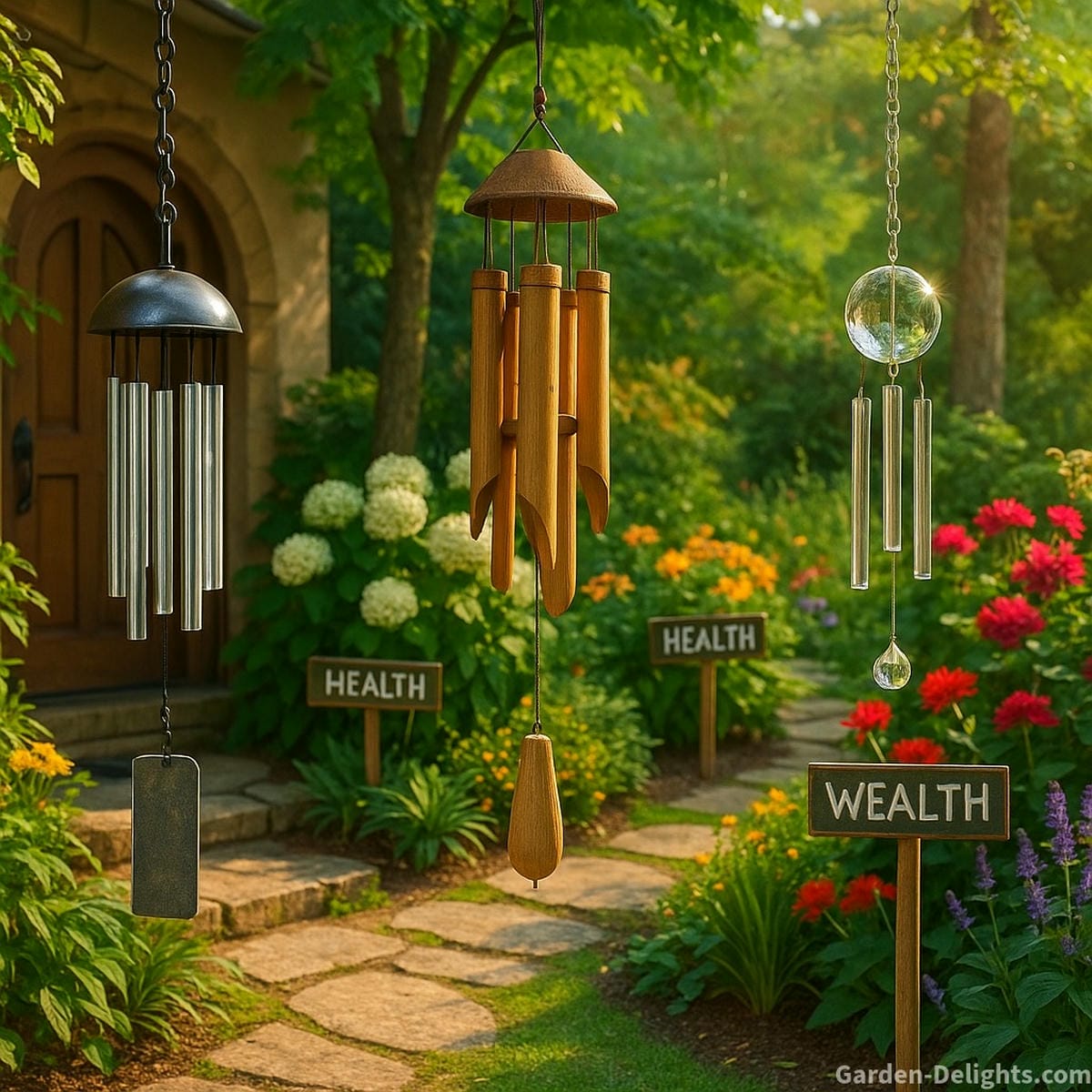 Feng Shui wind chimes hanging in a peaceful garden with Bagua-aligned zones metal near front door, bamboo in healing corner, and crystal in wealth area