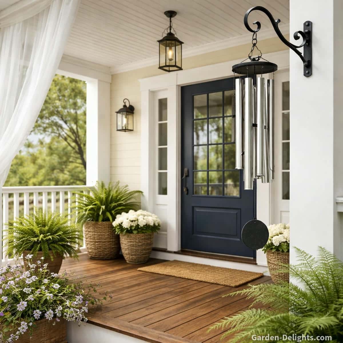 Aluminum porch wind chimes hanging beside a bright breezy front entrance with soft airflow, clear tone and modern curb appeal