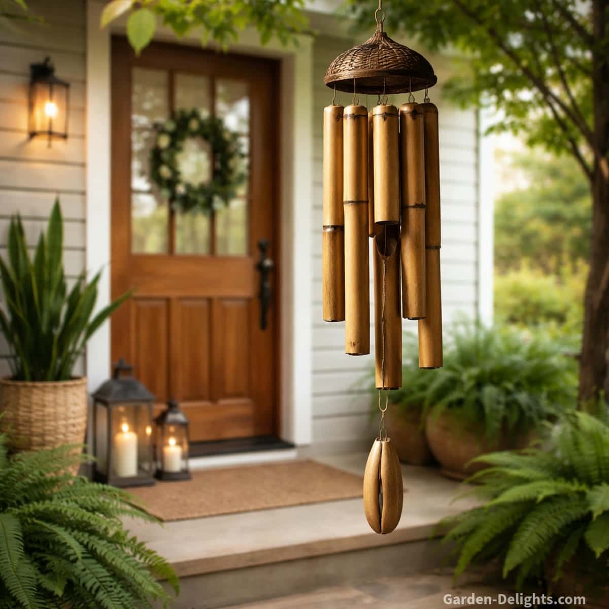 Bamboo porch wind chimes hanging beside a calm front entrance with soft airflow, warm natural tone, wood element charm and peaceful entry energy