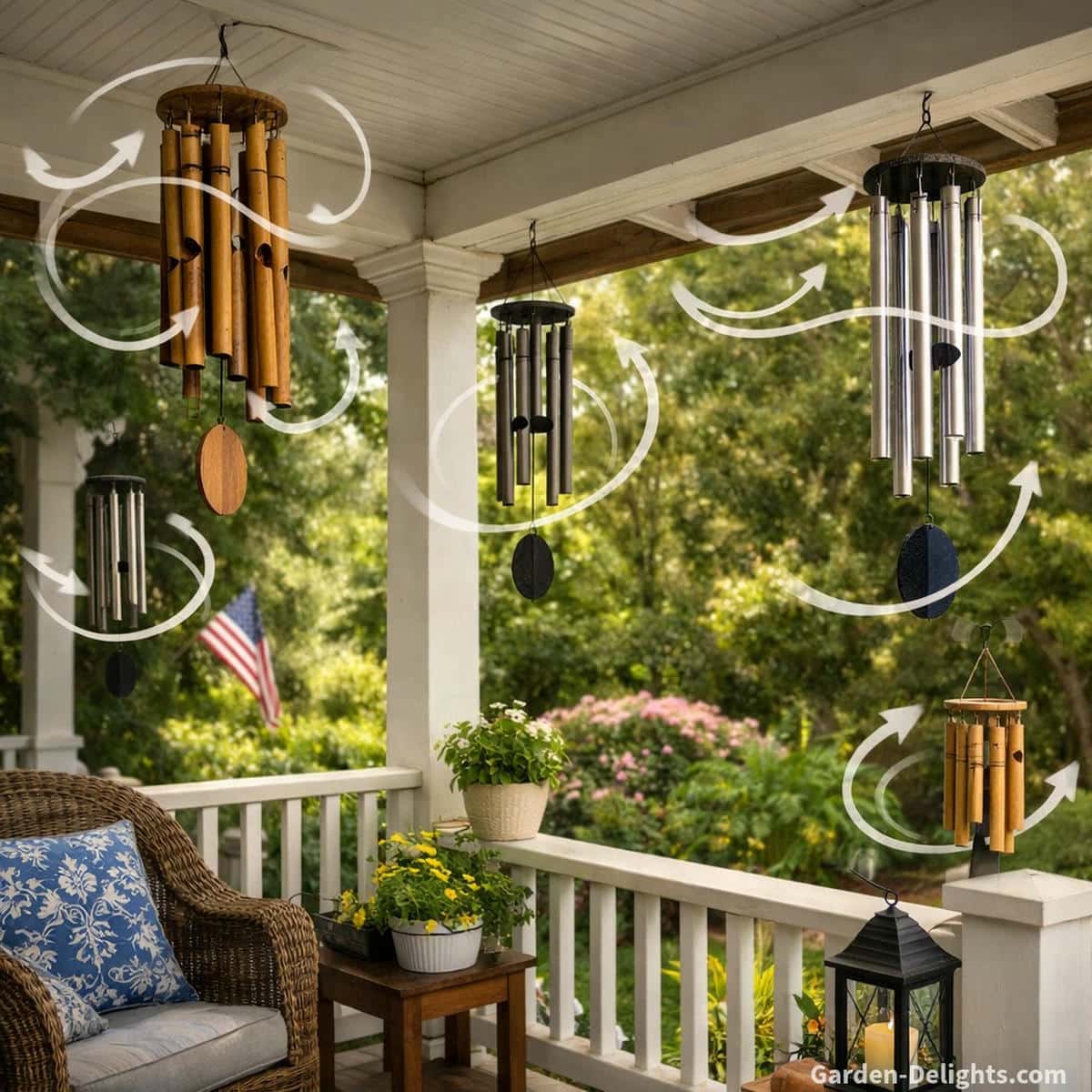 Front porch with bamboo and aluminum wind chimes hung from beams, corner posts and railing edges that show airflow paths and gentle tone movement