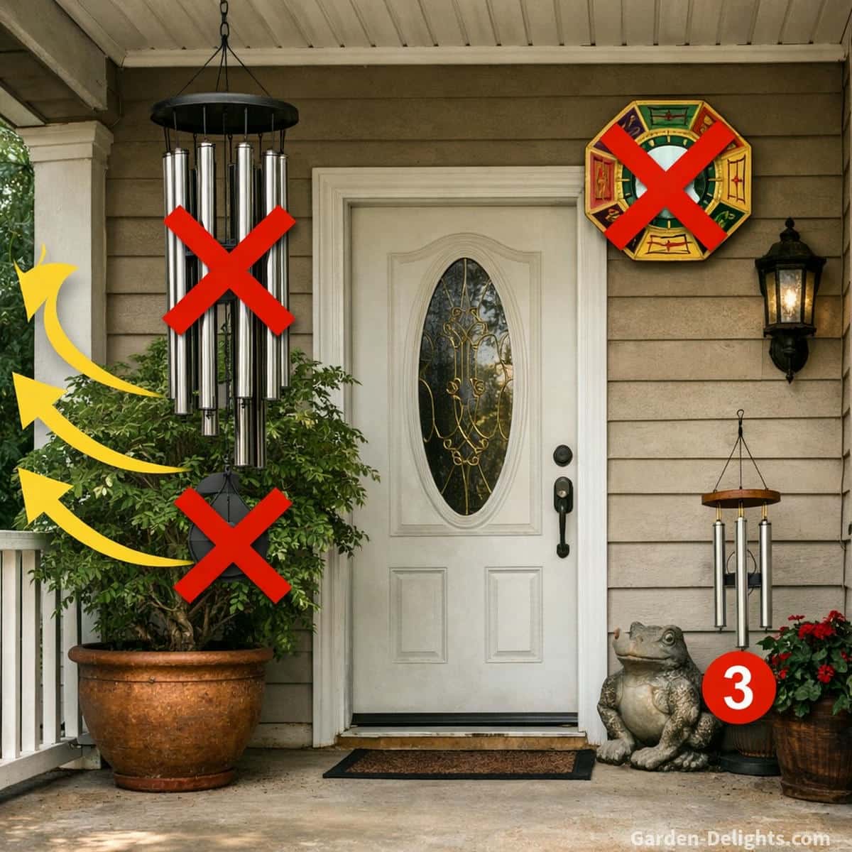 Front porch Feng Shui wind chimes hung near a doorway with Bagua alignment mistakes blocked airflow patterns and misaligned rod counts that disrupt chi movement