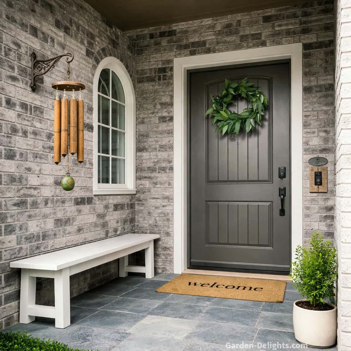 Feng Shui front porch with bamboo wind chimes mounted beside the doorway on a grey brick entryway featuring an arched window, white bench and symbolic placement for chi flow emotional grounding and protective entry energy