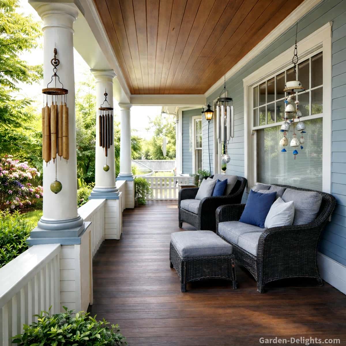 Light blue front porch with bamboo, metal and ceramic Feng Shui wind chimes placed by Bagua direction near the window and door to guide chi flow, improve airflow resonance and create a calm welcoming entryway