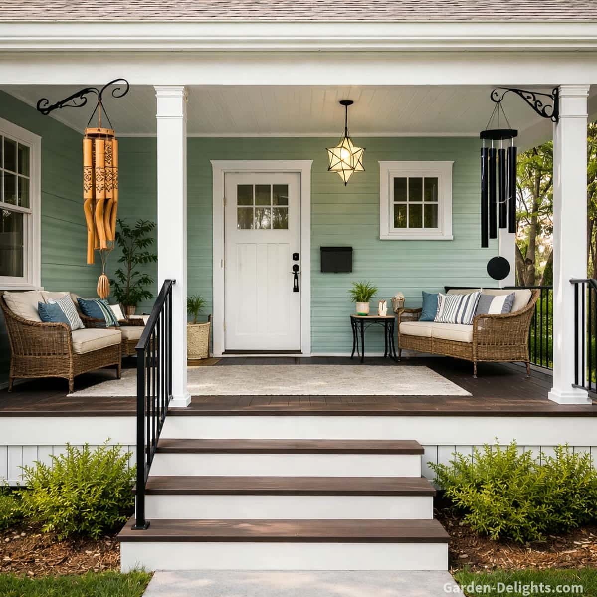 Seafoam green front porch with bamboo wind chimes mounted on the post and black aluminum wind chimes hanging from a decorative hook where soft airflow creates clear tone gentle rhythm and a peaceful welcoming entry