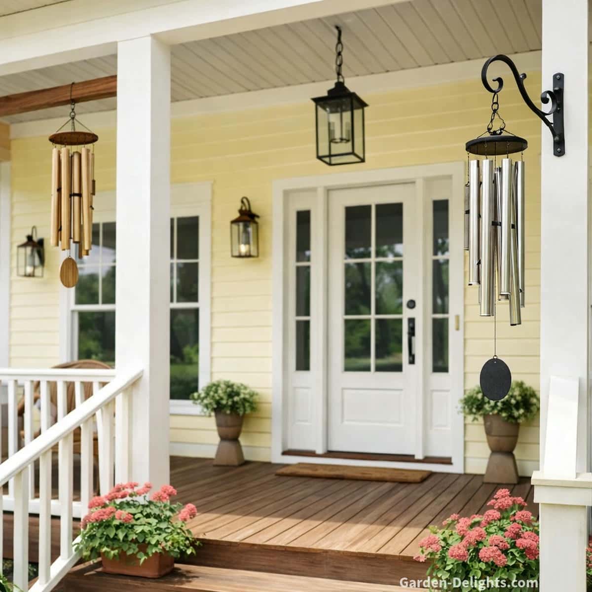 Front porch aluminum and bamboo wind chimes hanging from a black metal hook and a porch beam on a warm yellow house with a white door soft airflow gentle tone and calm garden inspired entry decor