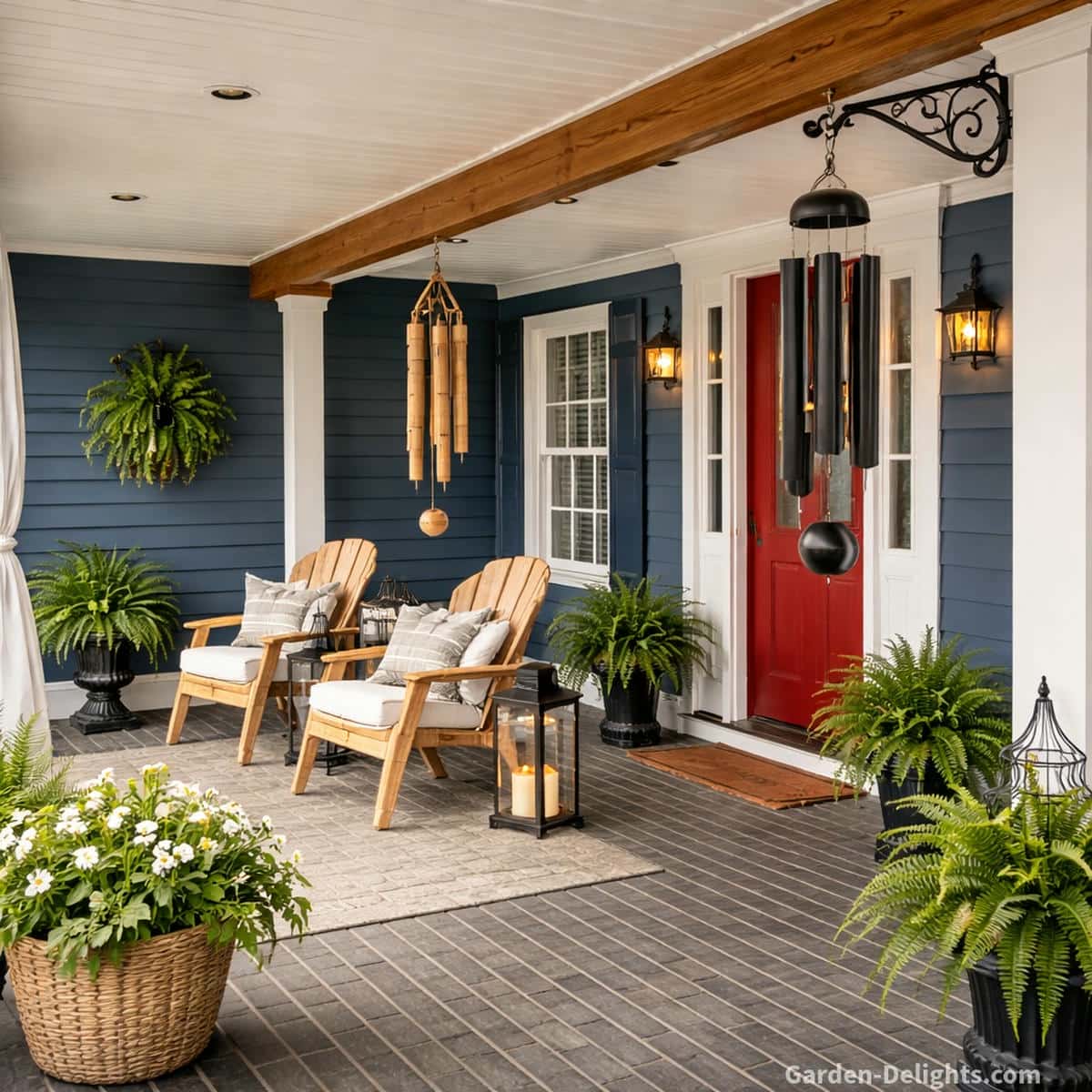 Dark blue front porch with bamboo and aluminum wind chimes hung with tangle free spacing steady airflow zones and swivel hooks that keep movement smooth on breezy days