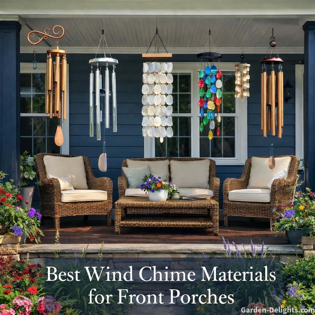Dark blue front porch with white trim and light brown wicker furniture displaying bamboo aluminum glass capiz resin and copper wind chimes to show how each material creates quiet earthy tones bright melodic sound or deep resonant warmth depending on airflow and porch acoustics