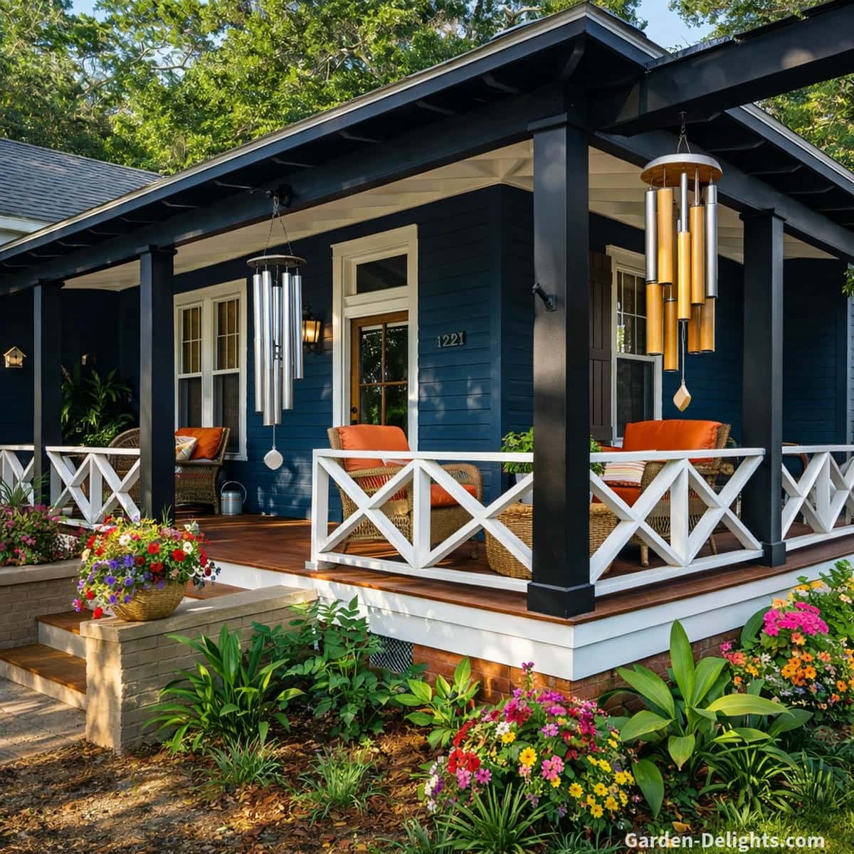 Front porch wind chimes made of aluminum and bamboo hanging from black posts on a navy blue house with wicker seating warm light colorful flowers soft airflow and calm welcoming entry ambience