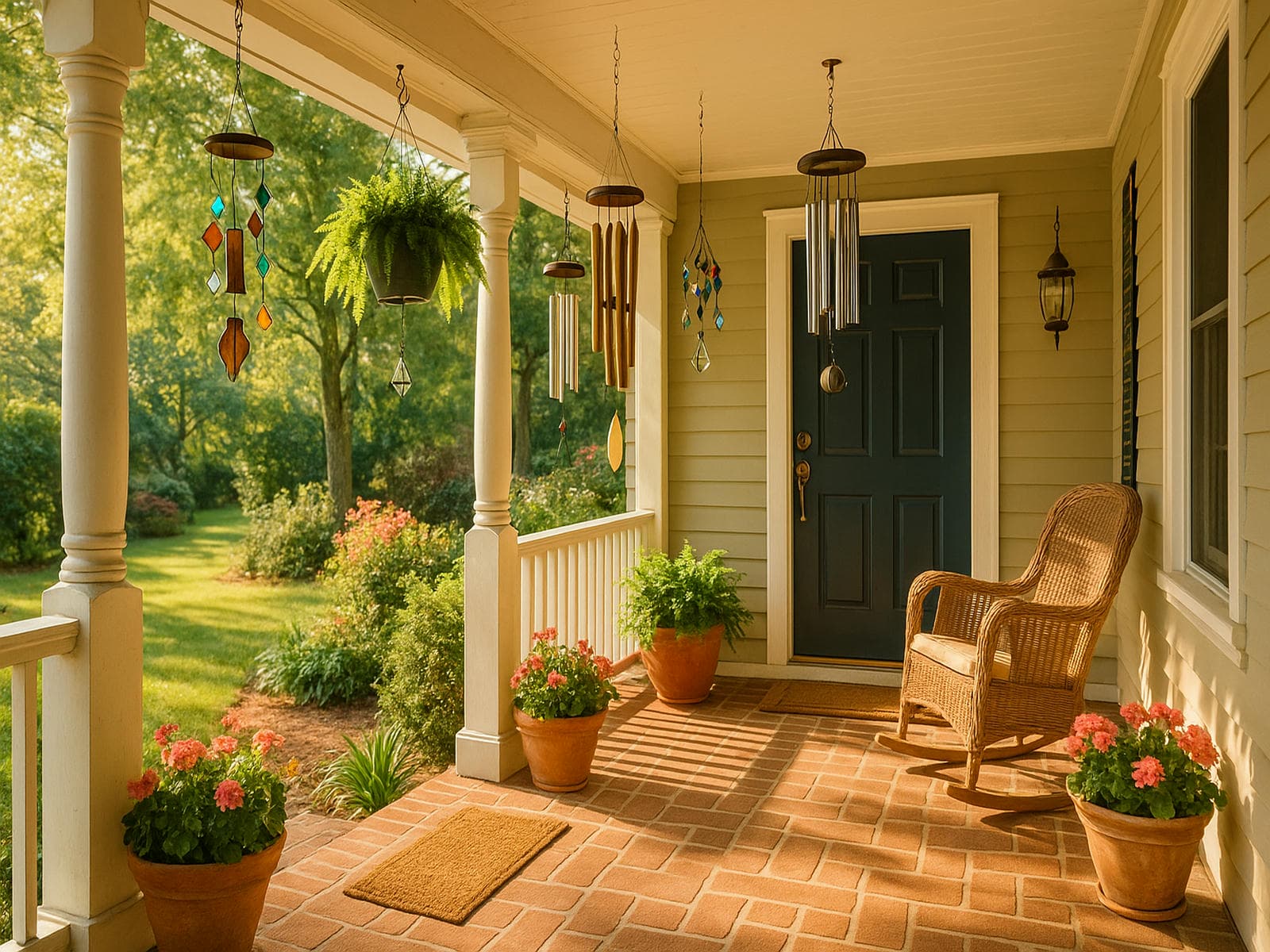 Front porch with bamboo and metal wind chimes moving in a gentle breeze above flower pots and a cozy chair that creates a peaceful welcoming entry with soothing tones and natural porch charm