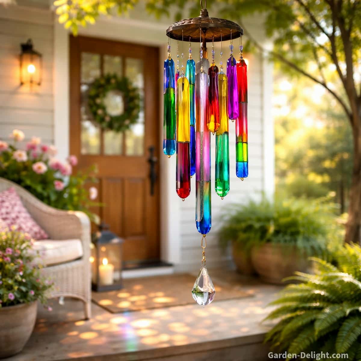 Stained glass porch wind chimes glowing with sunlit reflections, soft glass tone and artistic color patterns at a bright front entry