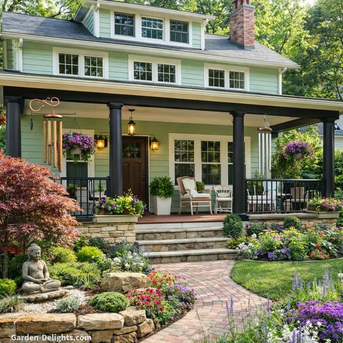 Mint green front porch with black posts bamboo and aluminum wind chimes hanging above colorful landscaping and a Zen garden Buddha statue showing how airflow zones flowerbeds and exposed pathways shape quiet or bright outdoor soundscapes