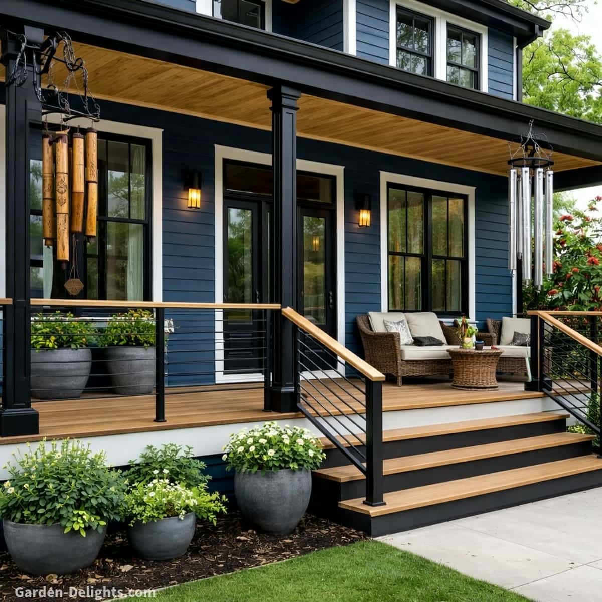 Aluminum and bamboo wind chimes hanging along a dark blue front porch with black posts light wood accents and wicker seating that guide airflow movement and create calm clear tone in a warm outdoor space