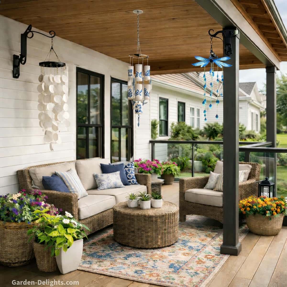 Covered front porch with dark grey posts, warm wood overhang and wicker seating featuring capiz shell wind chimes, blue ceramic chimes and a dragonfly wind chime arranged along breezeways to demonstrate airflow tuning, tone clarity and smooth acoustic resonance