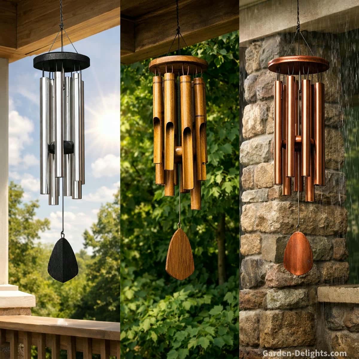 Outdoor wind chimes on a front porch showing aluminum in sun, bamboo in shade and copper near stone columns to match UV exposure, airflow strength and moisture levels for durable tone and seasonal comfort