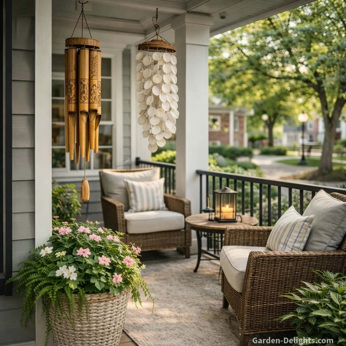 Quiet bamboo and capiz wind chimes hanging in a shaded porch corner beside a planter with soft airflow and gentle tone for a neighbor friendly shared entry