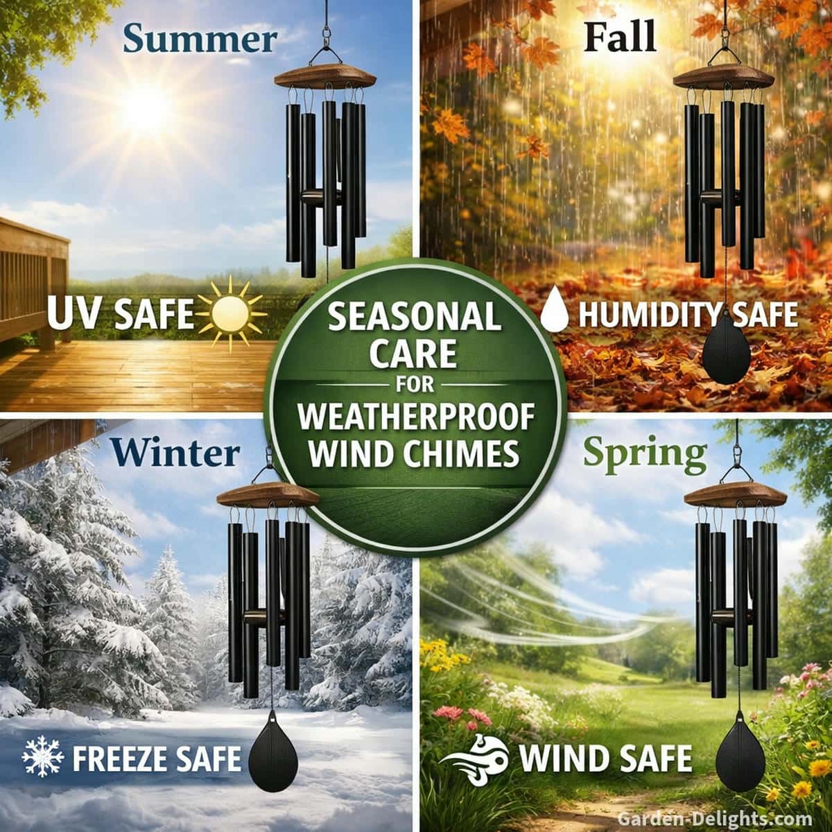 Weatherproof porch wind chimes shown through summer sun fall humidity winter cold and spring wind to guide UV safe humidity safe and freeze safe care routines