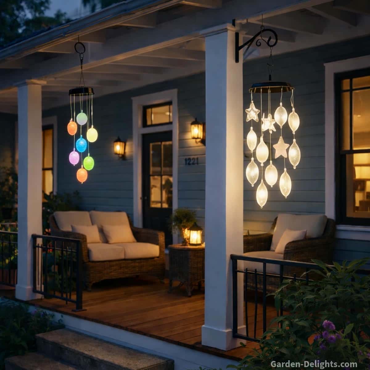 solar wind chimes with LED lights on porch