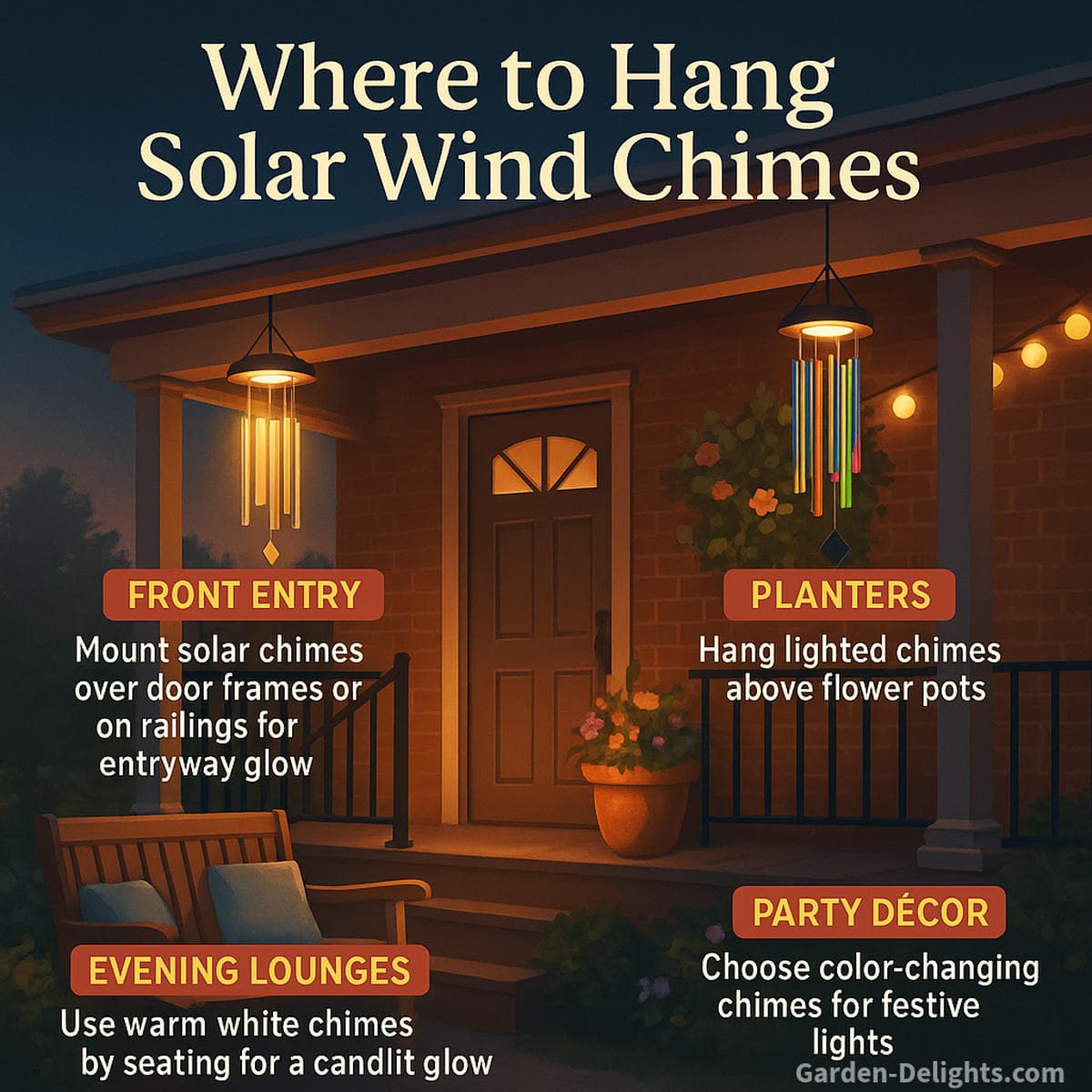Infographic showing solar wind chime placement ideas on a front porch—above door frames, near planters, beside seating, and in party-ready corners with LED light and calming sound