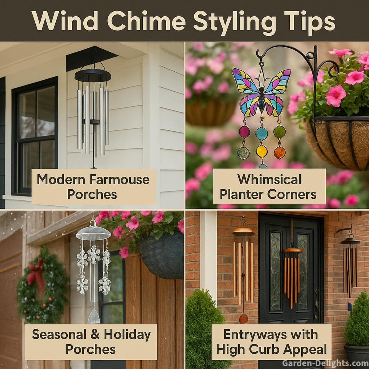 Wind chime styling guide showing modern farmhouse, whimsical, seasonal, and entryway porch themes with matching chimes—colorful, metal, bamboo, or solar options for curb appeal and acoustic harmony