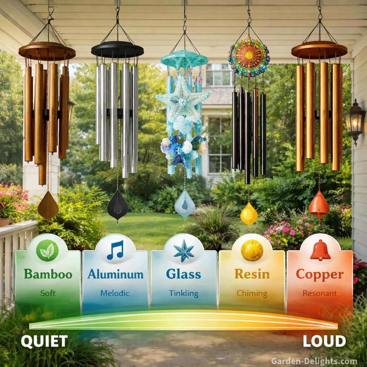 Wind chime sound level comparison—bamboo, aluminum, glass, resin, and copper chimes charted by quiet to loud tone spectrum for front porch and garden airflow acoustics