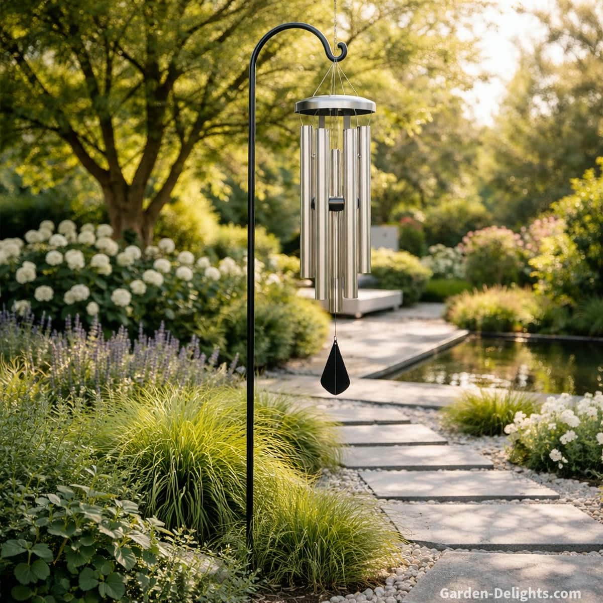 Aluminum garden wind chime hanging high from a tall decorative shepherd hook placed in lush garden vegetation away from the pathway with bright clear tone gentle airflow and soft reflective shimmer